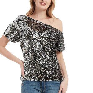 ANNA KACI Black Sequin‎ Off-Shoulder Top | Large *